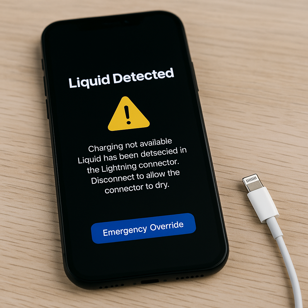 iPhone displaying Liquid Detected warning on screen with unplugged Lightning cable on wooden table – safe charging prevention alert.
