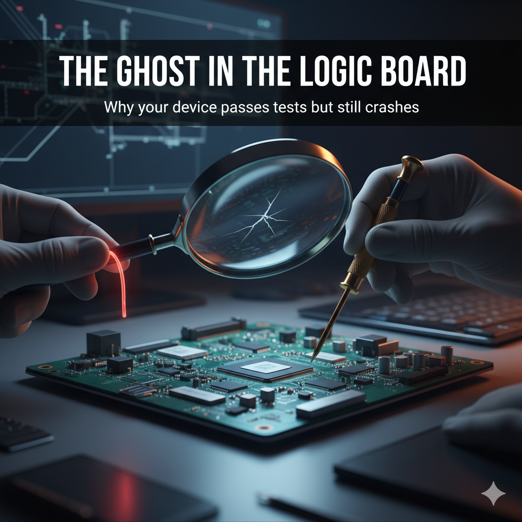 Professional technician inspecting a logic board to find out why a device passes software tests but still crashes
